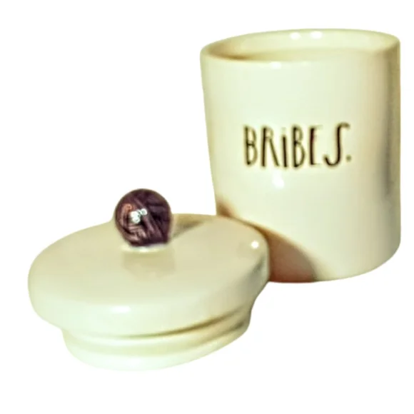 Rae Dunn Magenta Stem Print "Bribes" Cat Treat Canister Cream & Black Ceramic